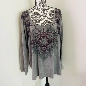 Tru Self Women’s Grey Purple Lace Back Rhinestone Embellished Printed Top